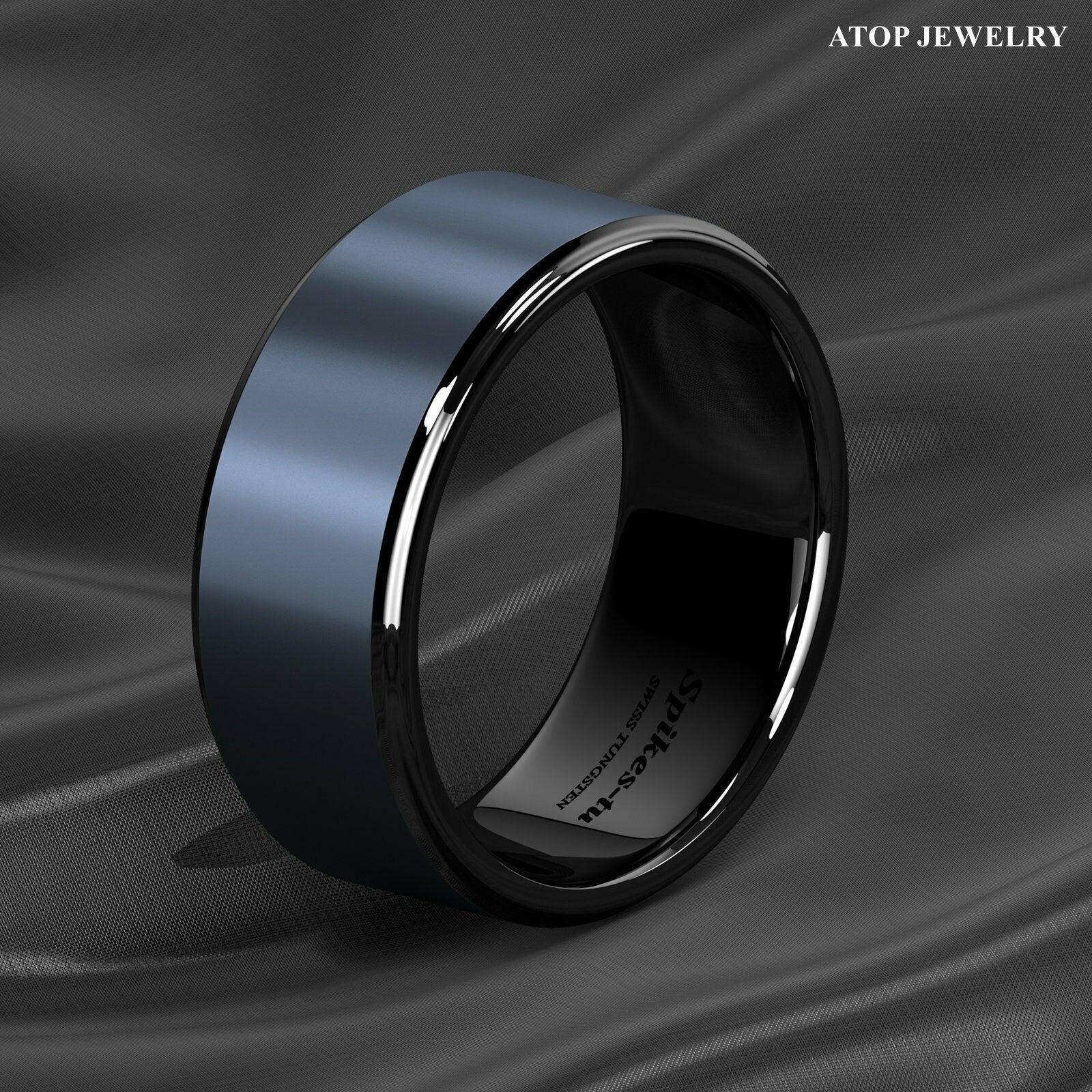 Tungsten Rings for Men Wedding Bands for Him Womens Wedding Bands for Her 8mm Black Sea Blue Brushed Center - Jewelry Store by Erik Rayo