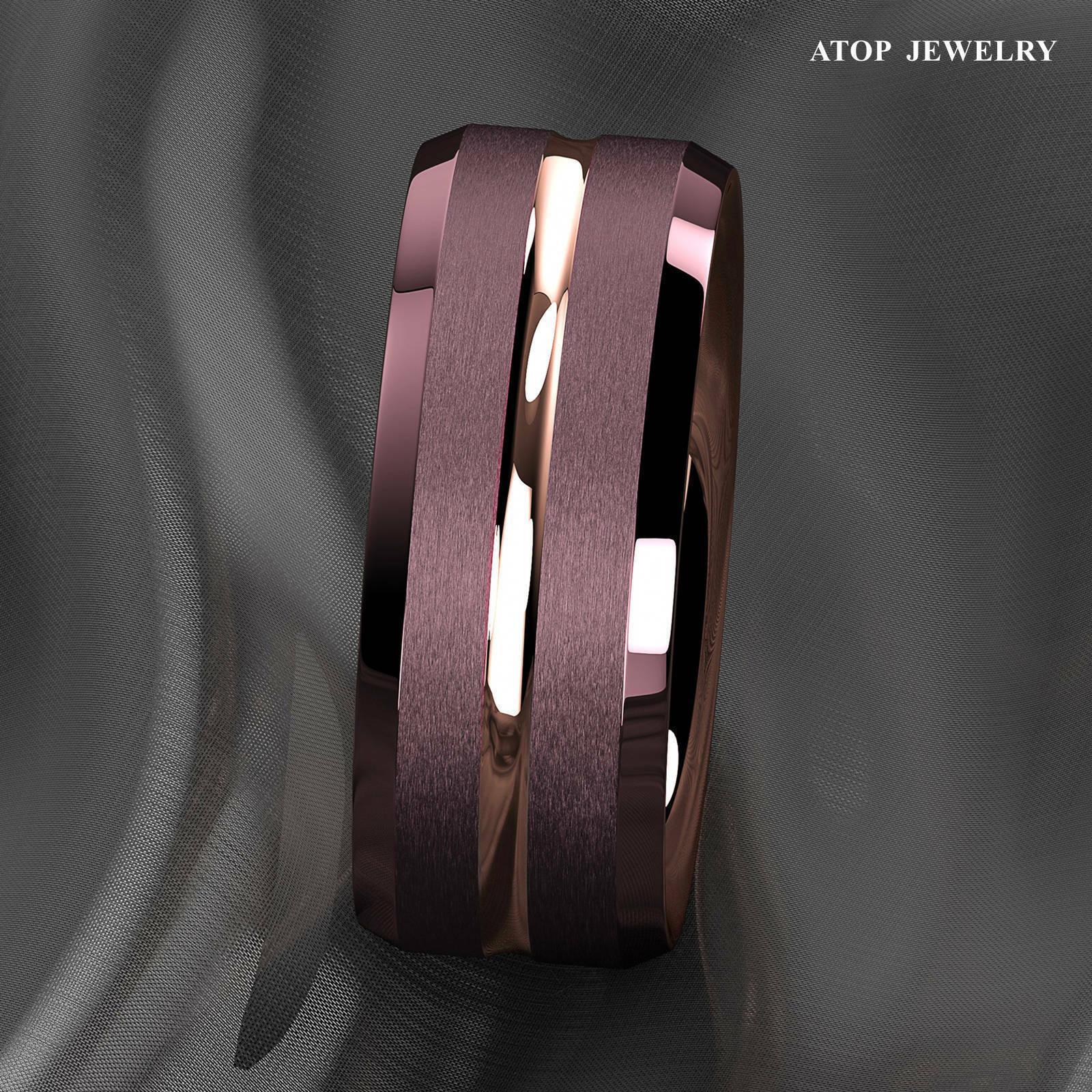 Tungsten Rings for Men Wedding Bands for Him Womens Wedding Bands for Her 8mm Brushed Brown Rose Gold Groove Stripe - Jewelry Store by Erik Rayo