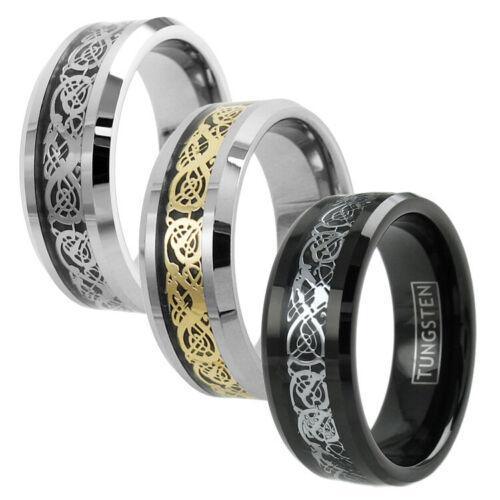 Tungsten Rings for Men Wedding Bands for Him Womens Wedding Bands for Her 8mm Celtic Gold Dragon Size 8-15 - Jewelry Store by Erik Rayo