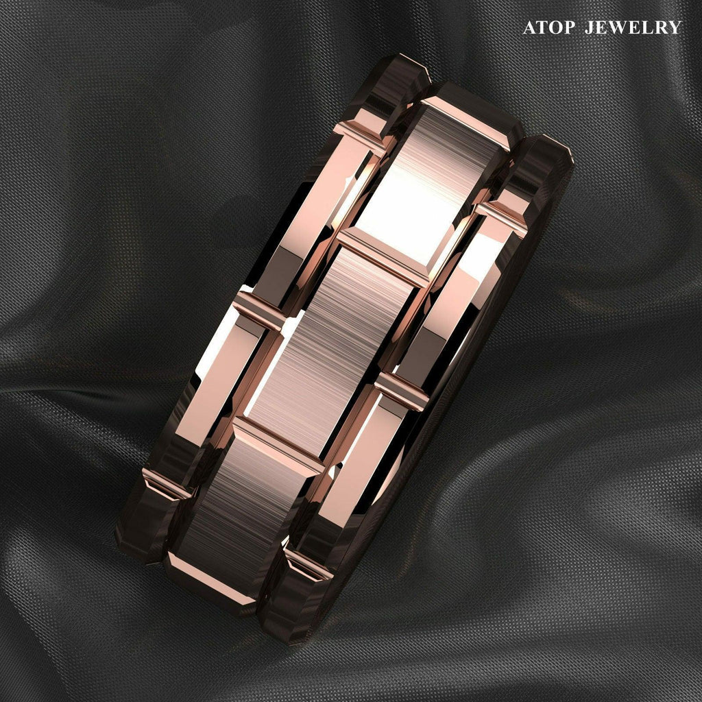 Tungsten Rings for Men Wedding Bands for Him Womens Wedding Bands for Her 8mm Rose Gold Bushed Brick Pattern - Jewelry Store by Erik Rayo
