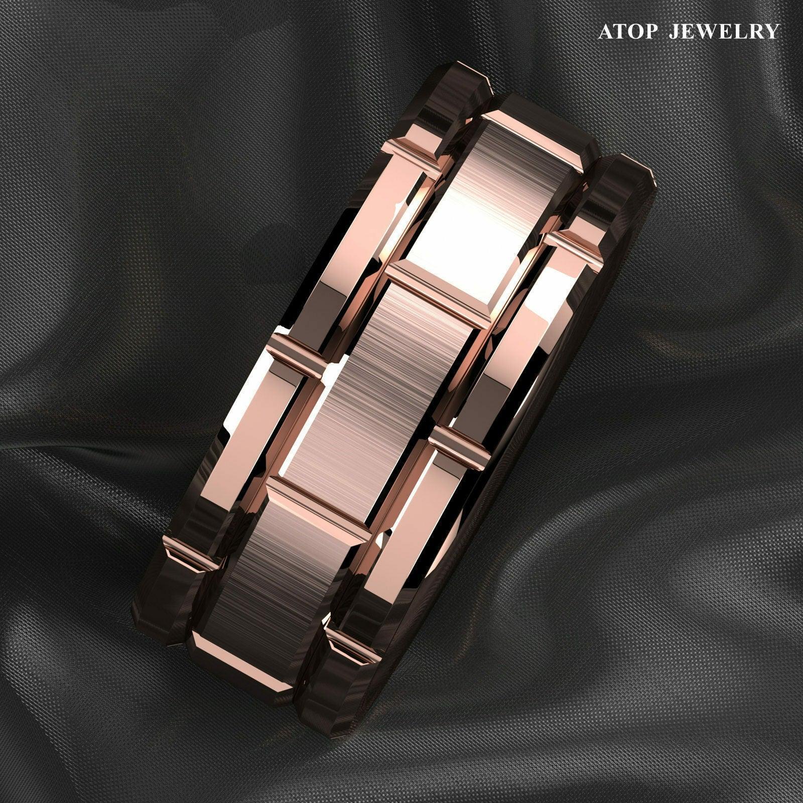 Tungsten Rings for Men Wedding Bands for Him Womens Wedding Bands for Her 8mm Rose Gold Bushed Brick Pattern - Jewelry Store by Erik Rayo