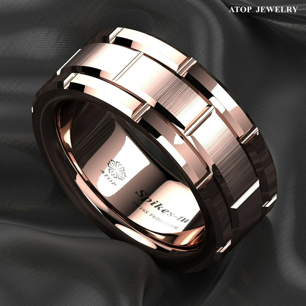 Tungsten Rings for Men Wedding Bands for Him Womens Wedding Bands for Her 8mm Rose Gold Bushed Brick Pattern - Jewelry Store by Erik Rayo