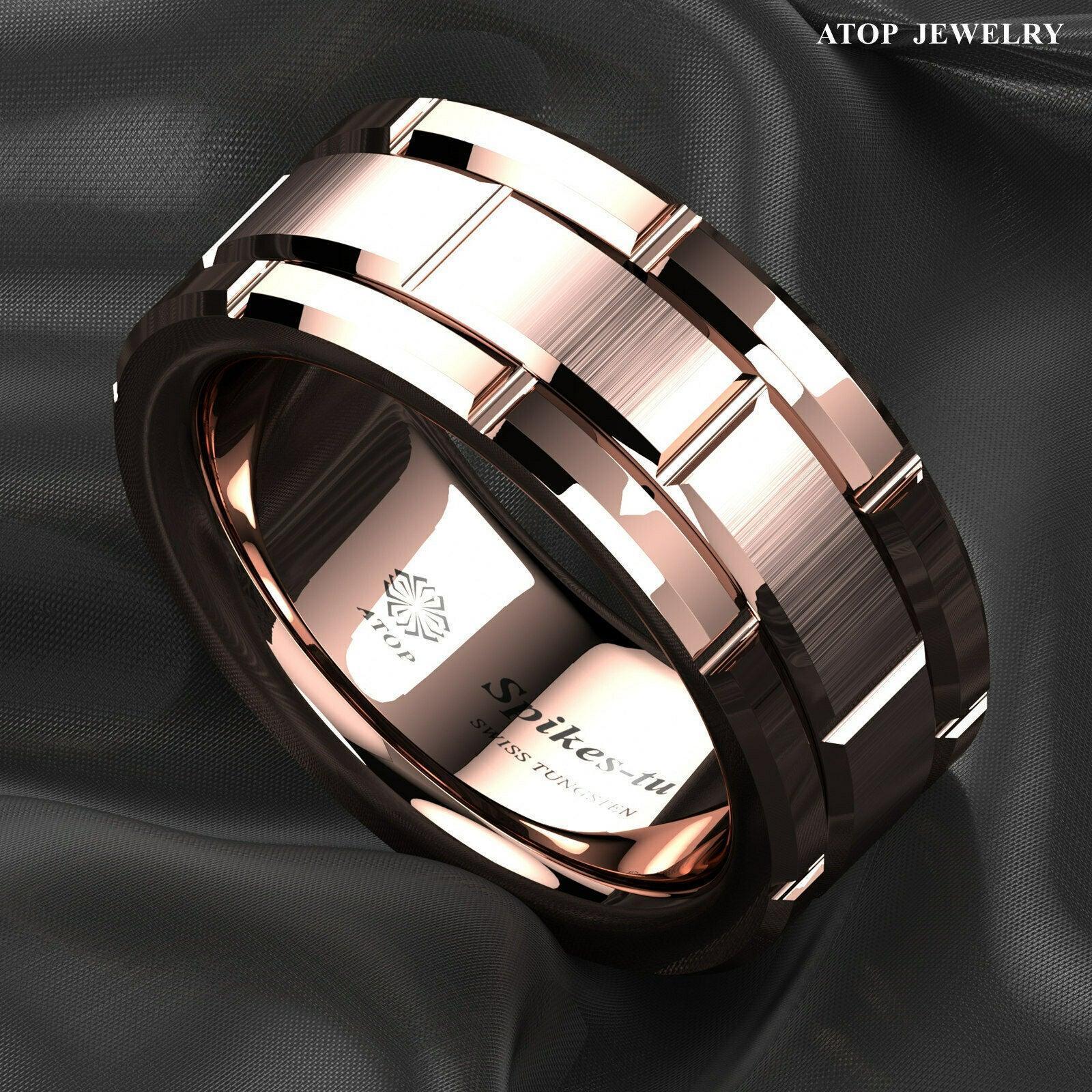 Tungsten Rings for Men Wedding Bands for Him Womens Wedding Bands for Her 8mm Rose Gold Bushed Brick Pattern - Jewelry Store by Erik Rayo