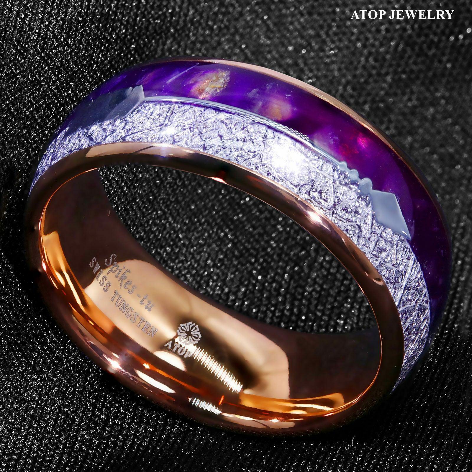 Tungsten Rings for Men Wedding Bands for Him Womens Wedding Bands for Her 8mm Rose Gold Purple Agate Meteorite Arrow - Jewelry Store by Erik Rayo