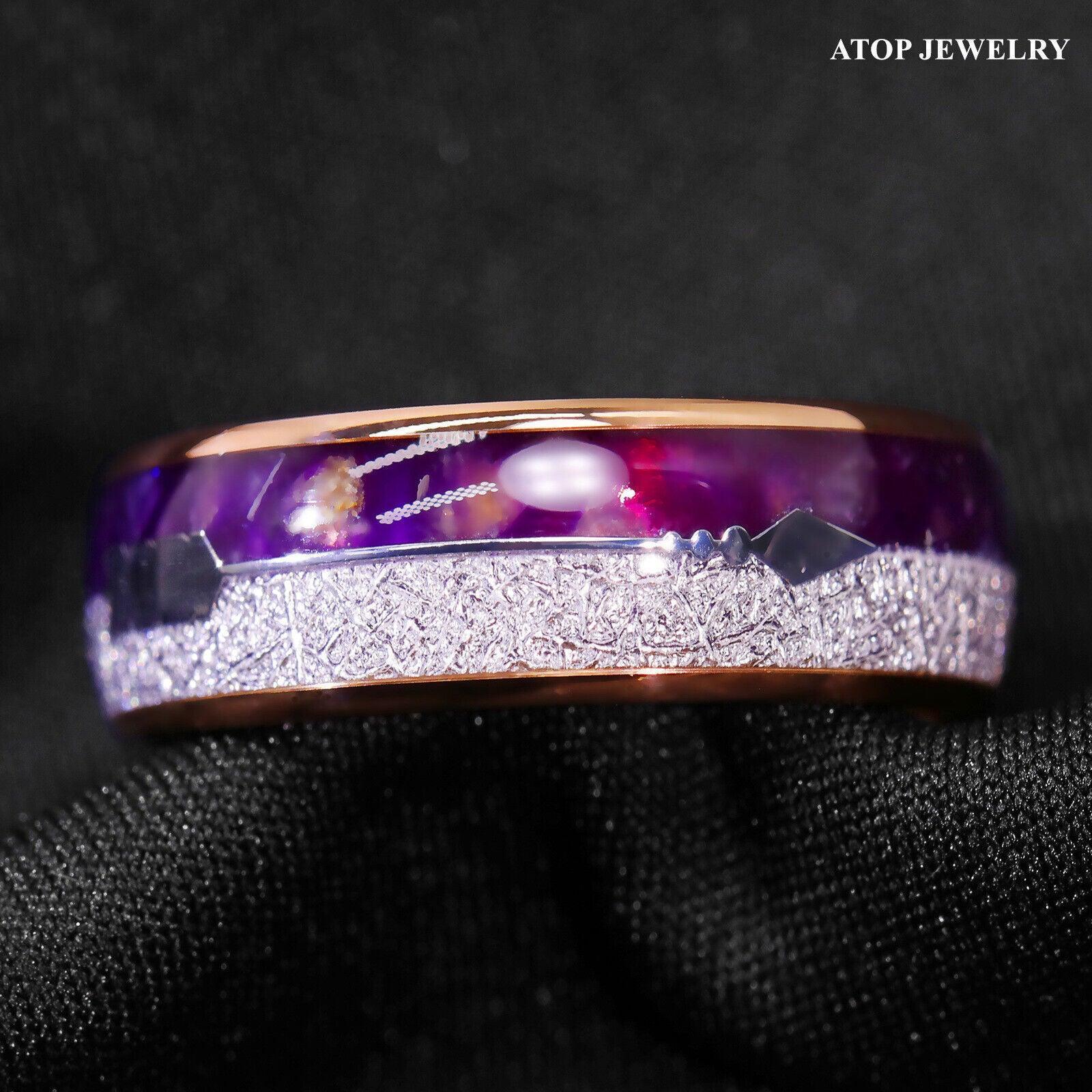 Tungsten Rings for Men Wedding Bands for Him Womens Wedding Bands for Her 8mm Rose Gold Purple Agate Meteorite Arrow - Jewelry Store by Erik Rayo