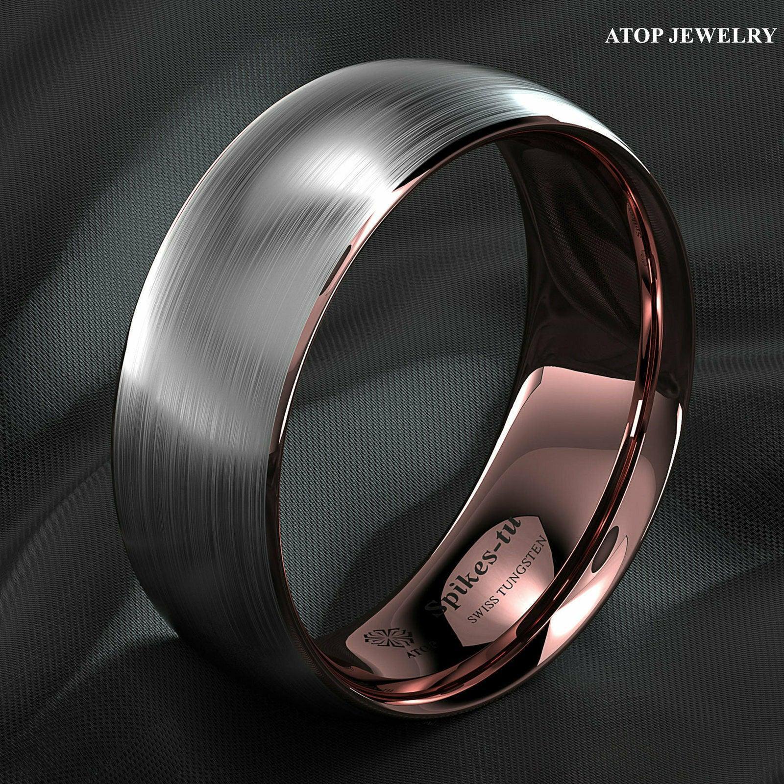 Tungsten Rings for Men Wedding Bands for Him Womens Wedding Bands for Her 8mm Silver Brushed Rose Gold Inlay - Jewelry Store by Erik Rayo