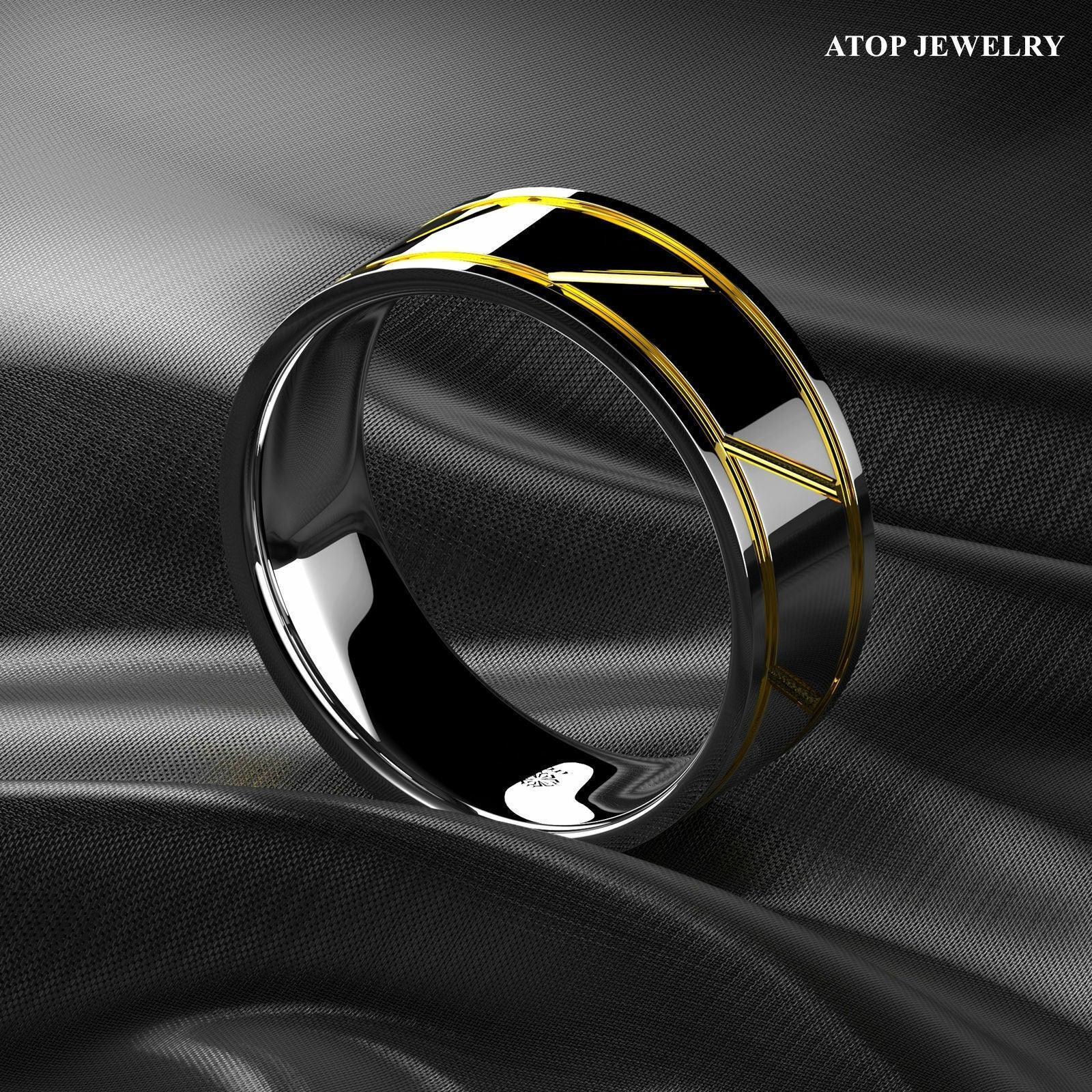 Tungsten Rings for Men Wedding Bands for Him Womens Wedding Bands for Her 8mm Silver Polish 18K Gold Line Inlay - Jewelry Store by Erik Rayo
