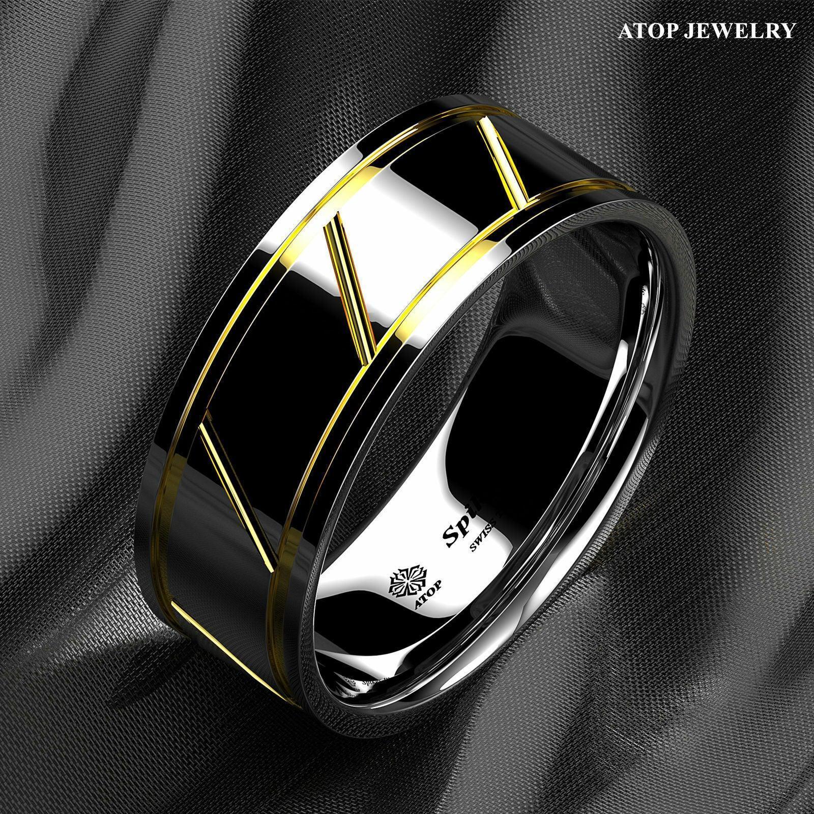 Tungsten Rings for Men Wedding Bands for Him Womens Wedding Bands for Her 8mm Silver Polish 18K Gold Line Inlay - Jewelry Store by Erik Rayo