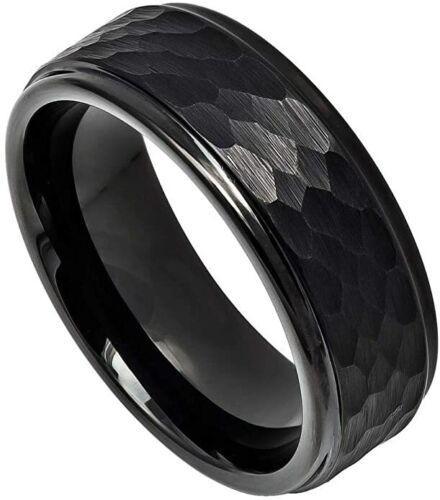 Tungsten Rings for Men Wedding Bands for Him Womens Wedding Bands for Her 6mm All Black Brushed Hammered Center - Jewelry Store by Erik Rayo