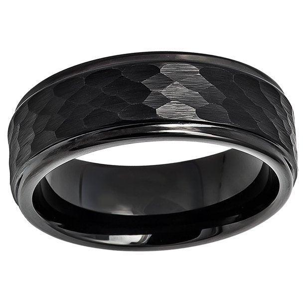 Tungsten Rings for Men Wedding Bands for Him Womens Wedding Bands for Her 6mm All Black Brushed Hammered Center - Jewelry Store by Erik Rayo