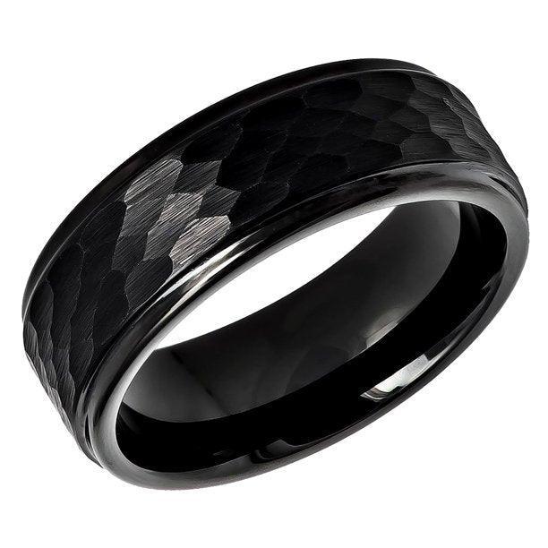 Tungsten Rings for Men Wedding Bands for Him Womens Wedding Bands for Her 6mm All Black Brushed Hammered Center - Jewelry Store by Erik Rayo