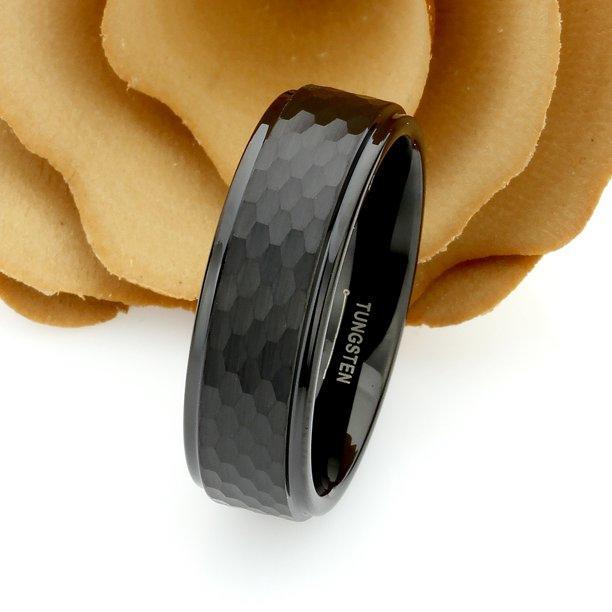 Tungsten Rings for Men Wedding Bands for Him Womens Wedding Bands for Her 6mm All Black Brushed Hammered Center - Jewelry Store by Erik Rayo