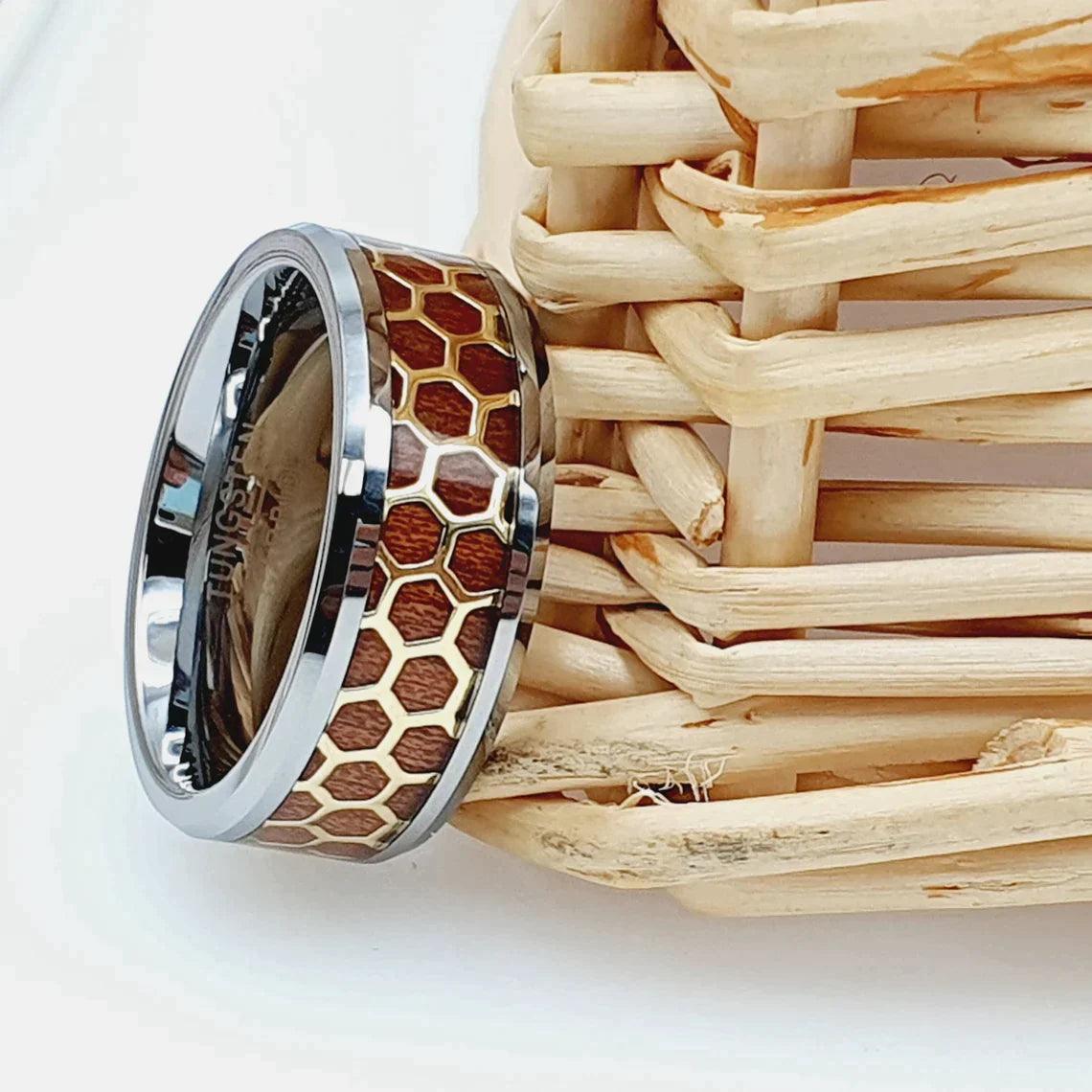 Tungsten Rings for Men Wedding Bands for Him Womens Wedding Bands for Her 6mm Beveled Honeycomb Rosewood Inlay Yellow Gold - Jewelry Store by Erik Rayo