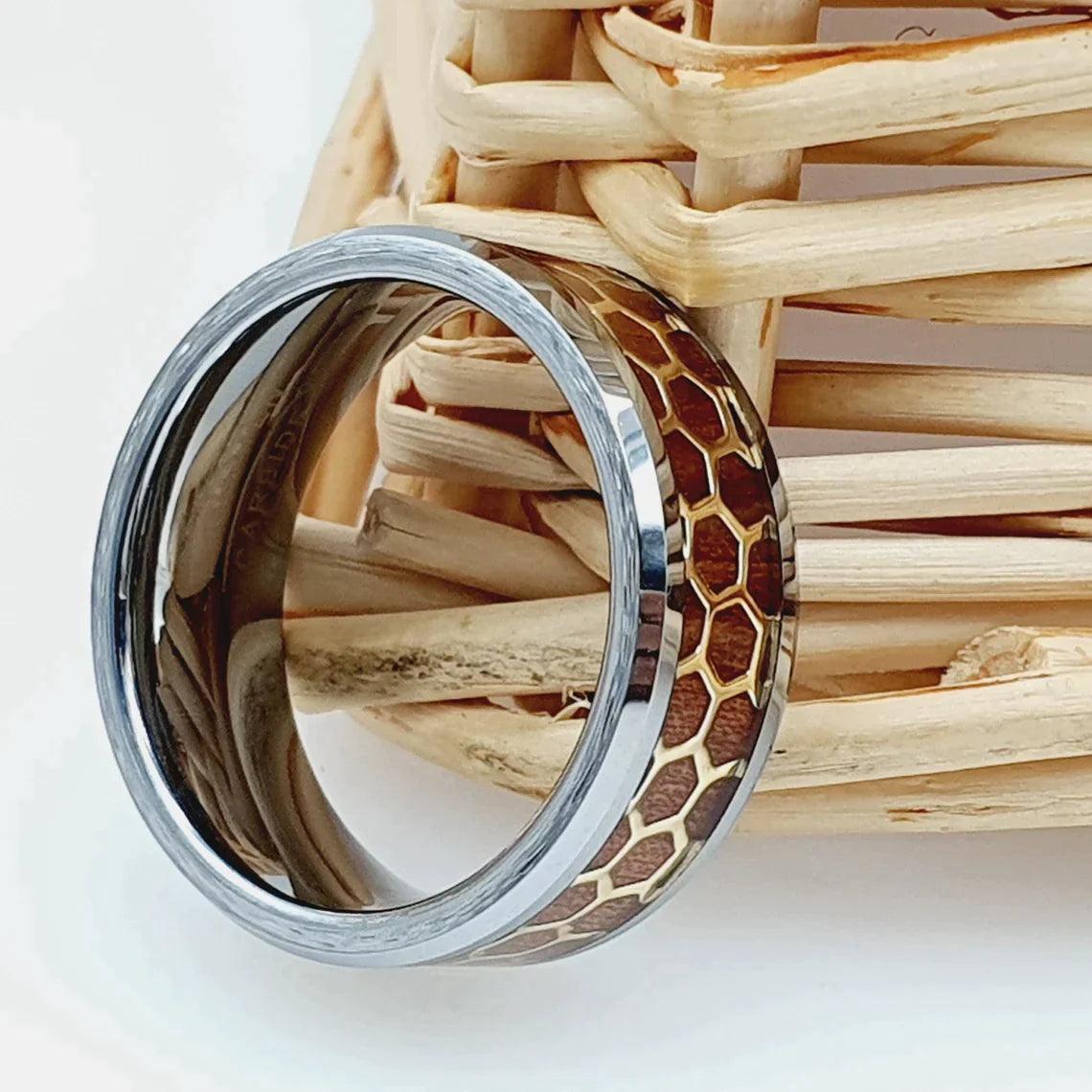 Tungsten Rings for Men Wedding Bands for Him Womens Wedding Bands for Her 6mm Beveled Honeycomb Rosewood Inlay Yellow Gold - Jewelry Store by Erik Rayo