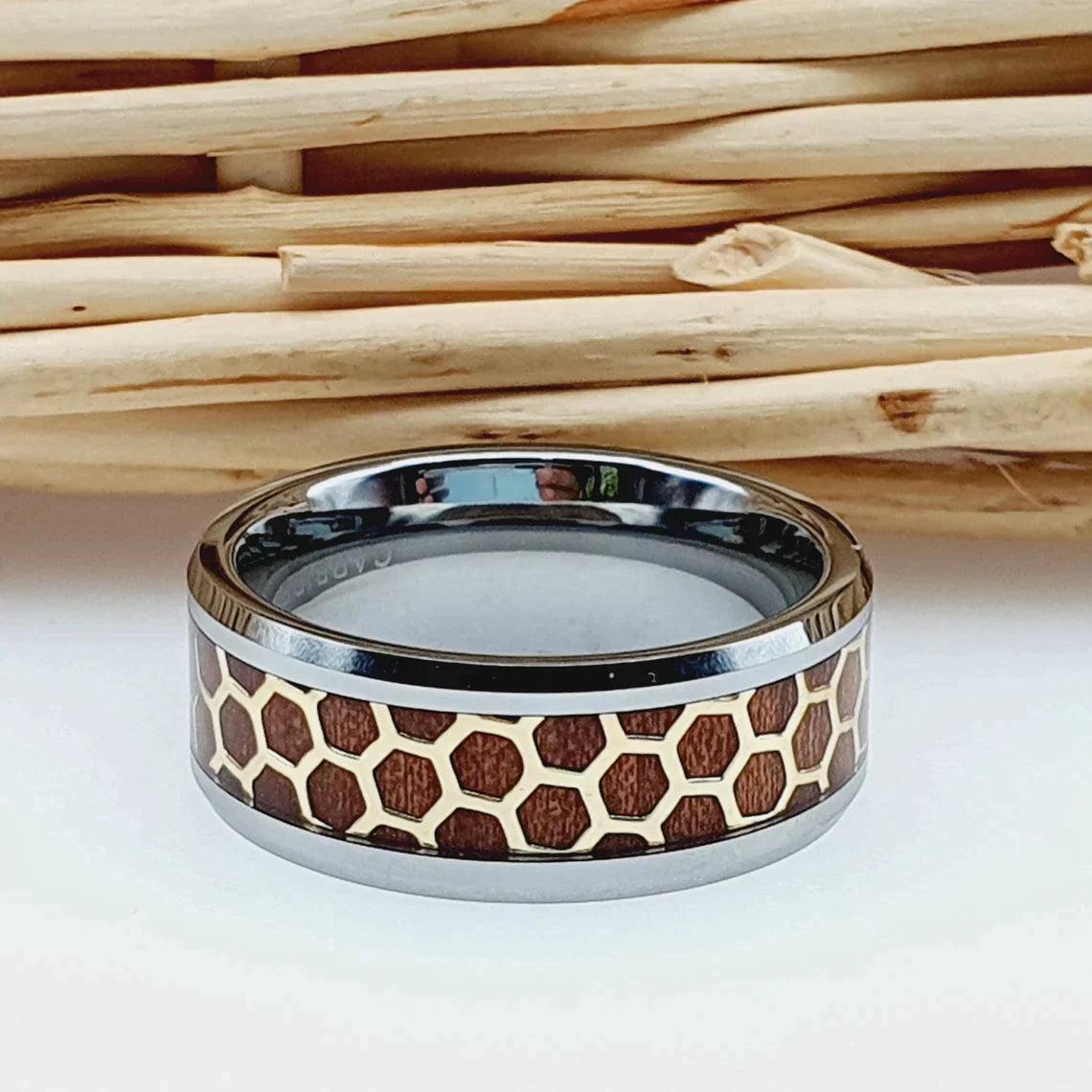 Tungsten Rings for Men Wedding Bands for Him Womens Wedding Bands for Her 6mm Beveled Honeycomb Rosewood Inlay Yellow Gold - Jewelry Store by Erik Rayo