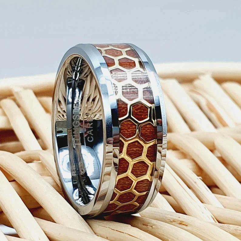Tungsten Rings for Men Wedding Bands for Him Womens Wedding Bands for Her 6mm Beveled Honeycomb Rosewood Inlay Yellow Gold - Jewelry Store by Erik Rayo