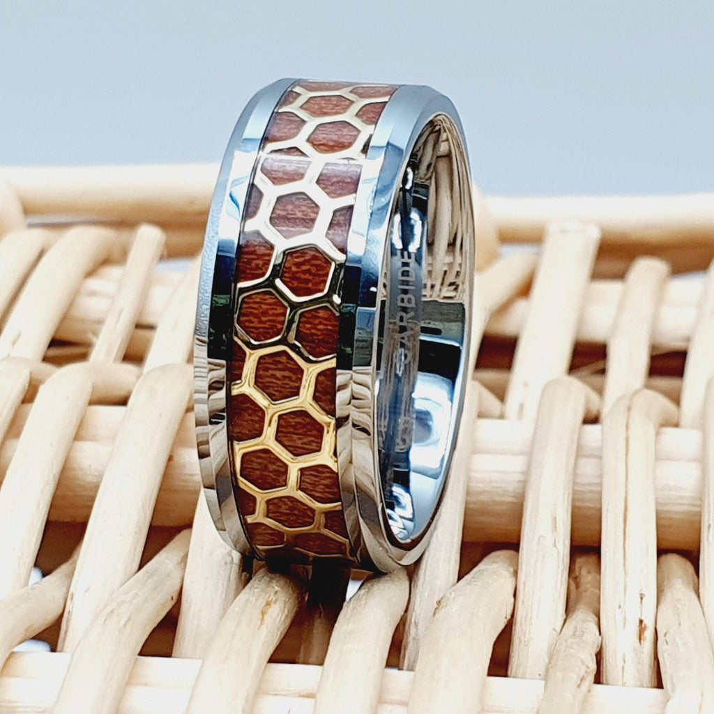 Tungsten Rings for Men Wedding Bands for Him Womens Wedding Bands for Her 6mm Beveled Honeycomb Rosewood Inlay Yellow Gold - Jewelry Store by Erik Rayo
