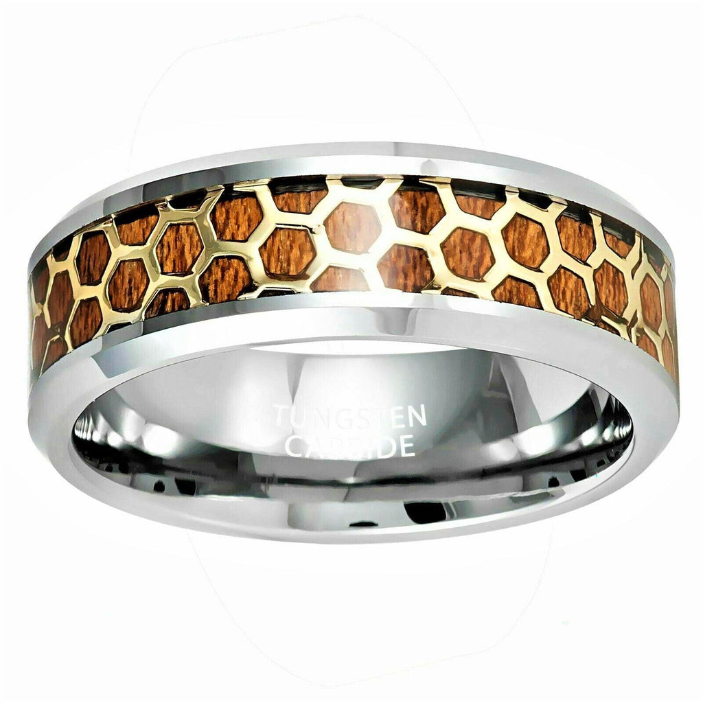 Tungsten Rings for Men Wedding Bands for Him Womens Wedding Bands for Her 6mm Beveled Honeycomb Rosewood Inlay Yellow Gold - Jewelry Store by Erik Rayo
