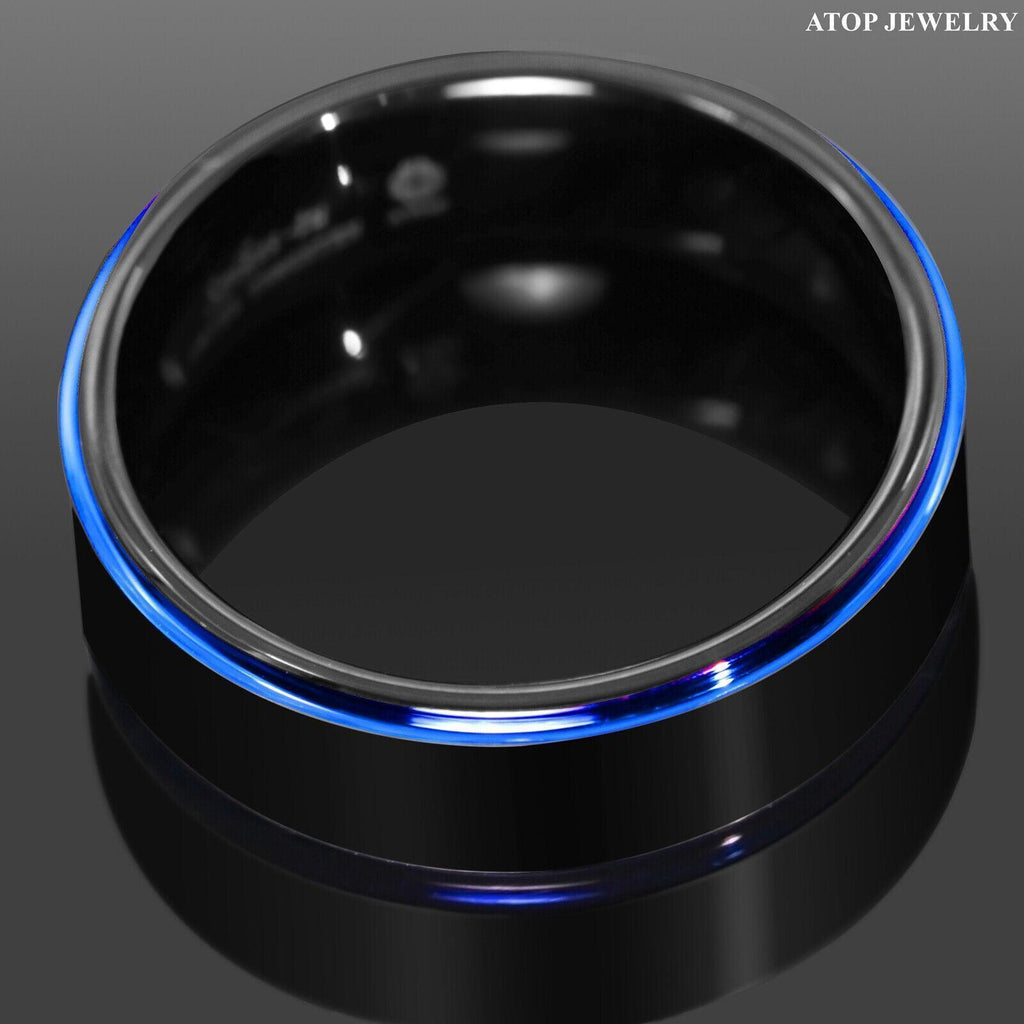 Men's Wedding Band Ring - Black Brushed with Blue Stripe - Men's Wedding Ring - Women's/Men's Rings - Jewelry Store by Erik Rayo