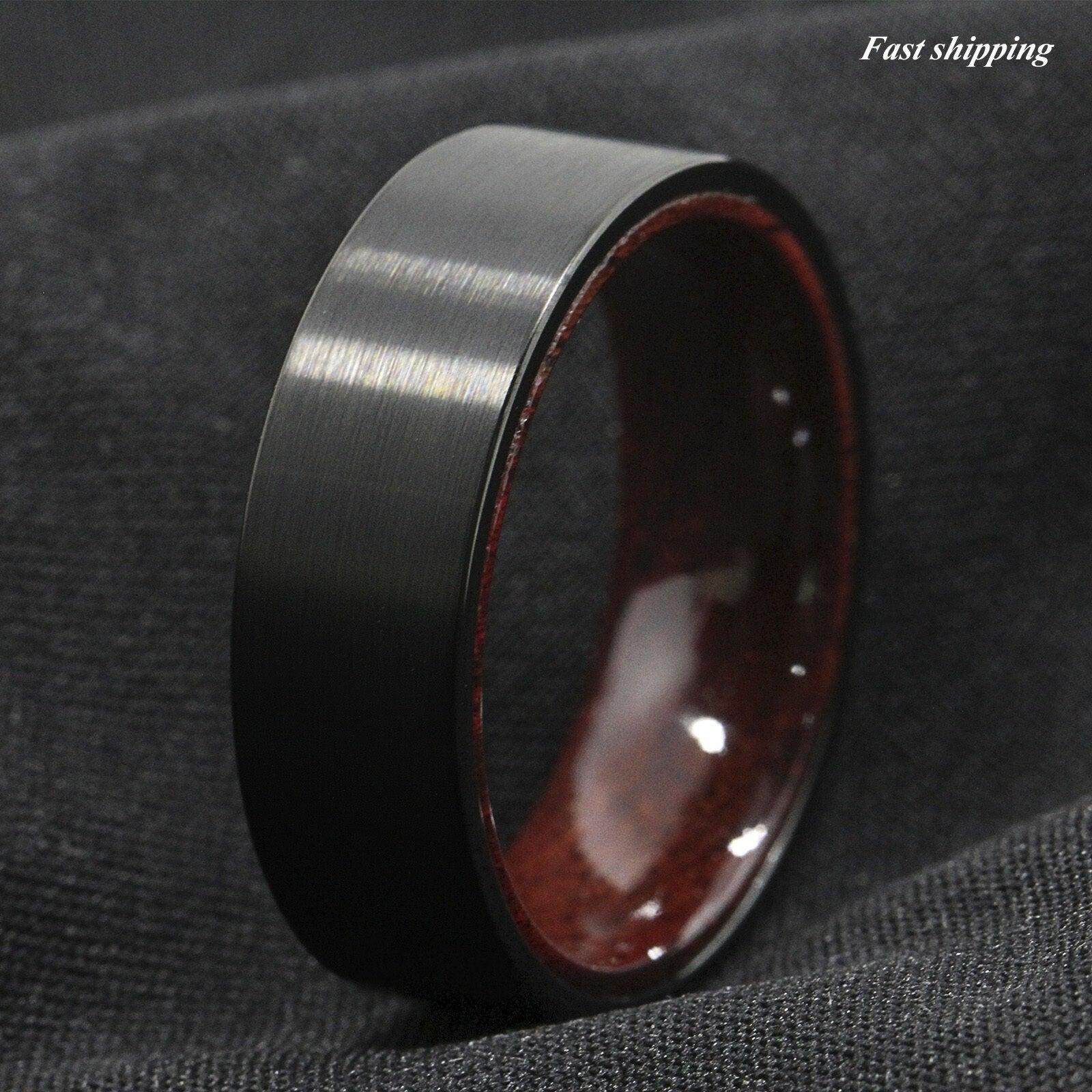 Men's Wedding Band Ring - Black Brushed with Red Sandalwood Inlay - Men's Jewelry - Wedding Rings for Men and Women - Jewelry Store by Erik Rayo