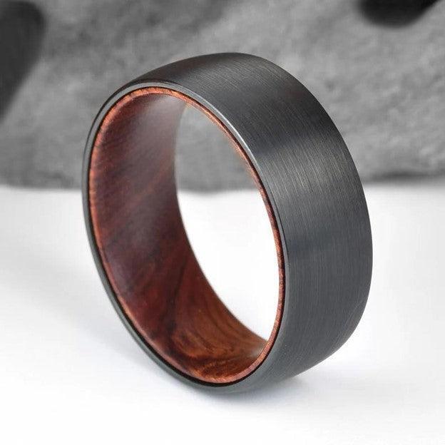 Men's Wedding Band Ring - Black Brushed with Red Sandalwood Inlay - Men's Jewelry - Wedding Rings for Men and Women - Jewelry Store by Erik Rayo