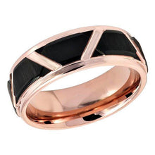 Load image into Gallery viewer, Tungsten Rings for Men Wedding Bands for Him Womens Wedding Bands for Her 6mm Black Brushed Trapezoid Center Rose Gold - Jewelry Store by Erik Rayo
