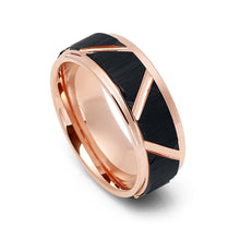 Load image into Gallery viewer, Tungsten Rings for Men Wedding Bands for Him Womens Wedding Bands for Her 6mm Black Brushed Trapezoid Center Rose Gold - Jewelry Store by Erik Rayo
