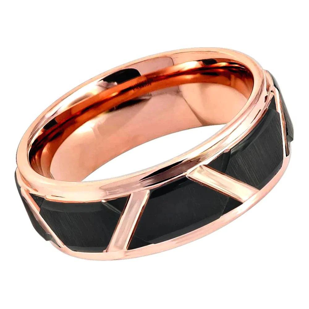 Tungsten Rings for Men Wedding Bands for Him Womens Wedding Bands for Her 6mm Black Brushed Trapezoid Center Rose Gold - Jewelry Store by Erik Rayo