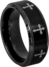 Load image into Gallery viewer, Tungsten Rings for Men Wedding Bands for Him Womens Wedding Bands for Her 6mm Black Crosses IP Plated Flat Brushed Center - Jewelry Store by Erik Rayo
