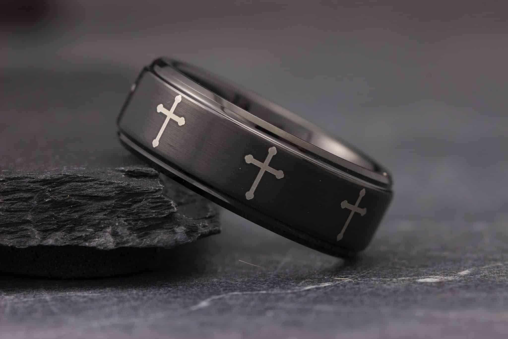 Tungsten Rings for Men Wedding Bands for Him Womens Wedding Bands for Her 6mm Black Crosses IP Plated Flat Brushed Center - Jewelry Store by Erik Rayo