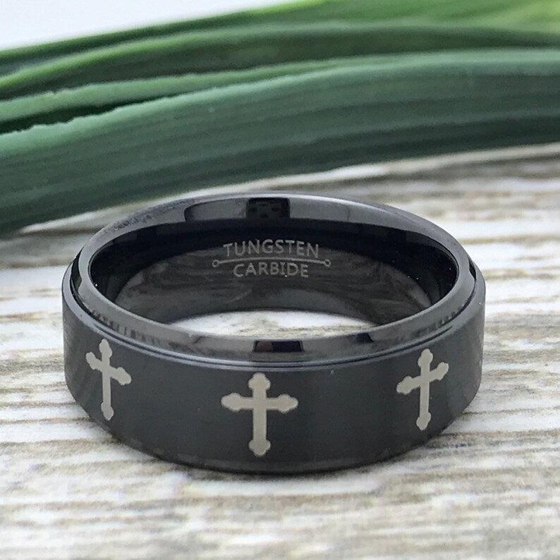 Tungsten Rings for Men Wedding Bands for Him Womens Wedding Bands for Her 6mm Black Crosses IP Plated Flat Brushed Center - Jewelry Store by Erik Rayo