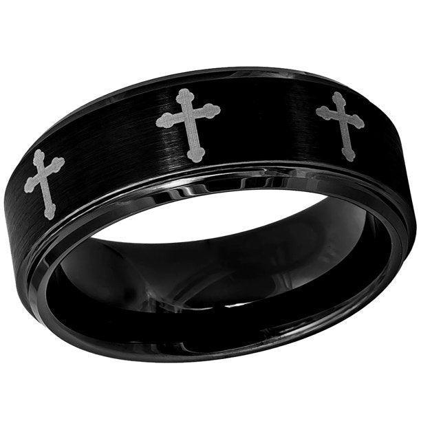 Tungsten Rings for Men Wedding Bands for Him Womens Wedding Bands for Her 6mm Black Crosses IP Plated Flat Brushed Center - Jewelry Store by Erik Rayo