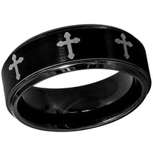 Load image into Gallery viewer, Tungsten Rings for Men Wedding Bands for Him Womens Wedding Bands for Her 6mm Black Crosses IP Plated Flat Brushed Center - Jewelry Store by Erik Rayo
