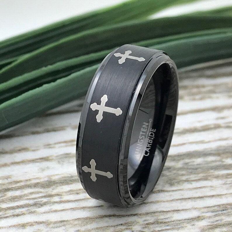 Tungsten Rings for Men Wedding Bands for Him Womens Wedding Bands for Her 6mm Black Crosses IP Plated Flat Brushed Center - Jewelry Store by Erik Rayo