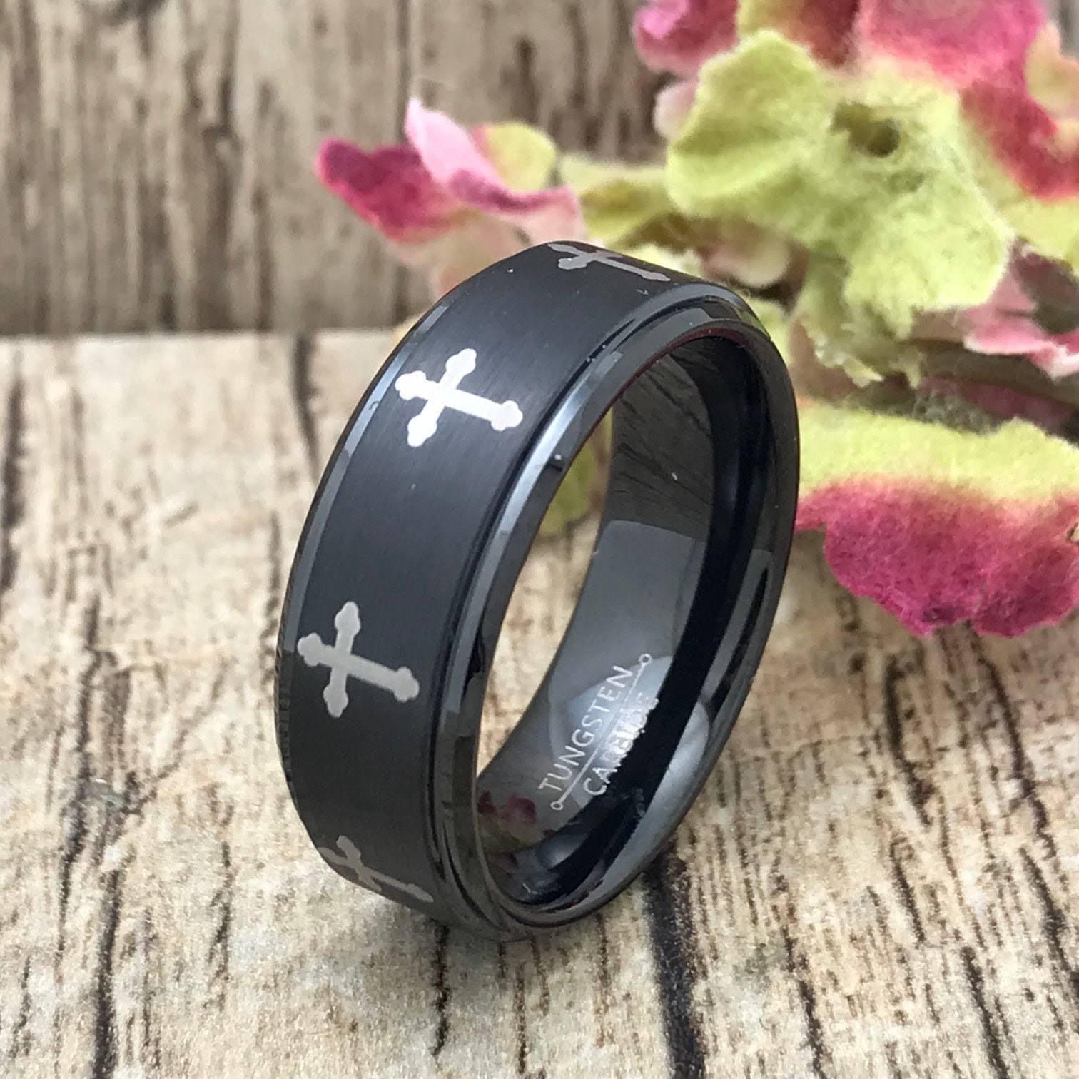 Tungsten Rings for Men Wedding Bands for Him Womens Wedding Bands for Her 6mm Black Crosses IP Plated Flat Brushed Center - Jewelry Store by Erik Rayo