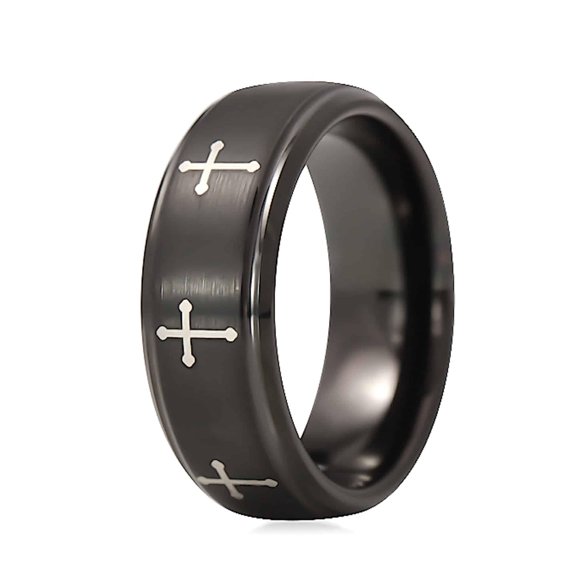 Tungsten Rings for Men Wedding Bands for Him Womens Wedding Bands for Her 6mm Black Crosses IP Plated Flat Brushed Center - Jewelry Store by Erik Rayo