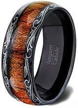 Load image into Gallery viewer, Men&#39;s Wedding Band Ring with Black Koa Wood Inlay and Dome Flower Design - Perfect for Weddings and Special Occasions
