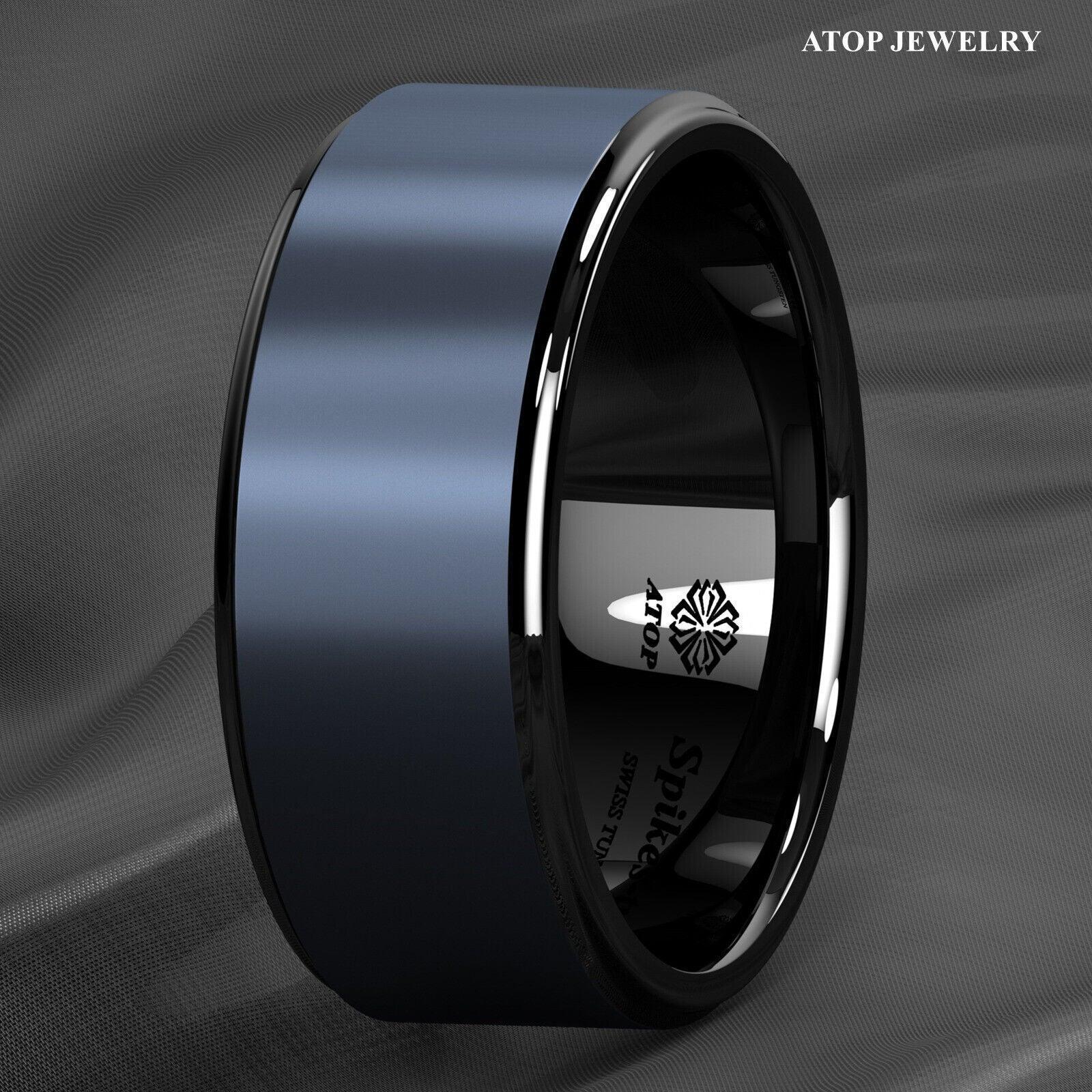Tungsten Rings for Men Wedding Bands for Him Womens Wedding Bands for Her 6mm Black Navy Blue Brushed Center - Jewelry Store by Erik Rayo