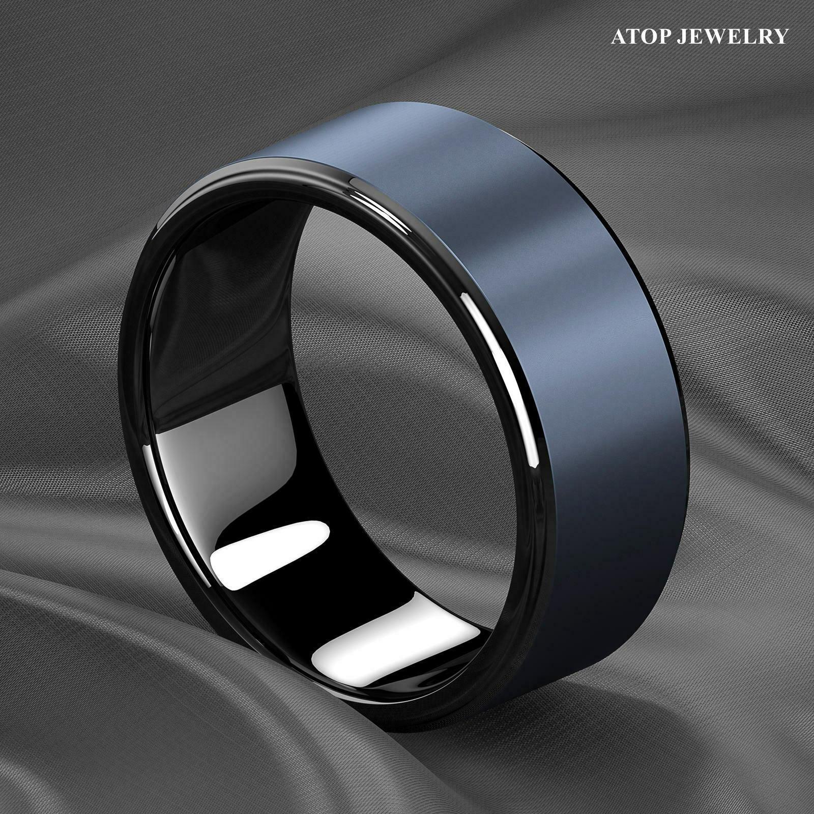 Tungsten Rings for Men Wedding Bands for Him Womens Wedding Bands for Her 6mm Black Navy Blue Brushed Center - Jewelry Store by Erik Rayo