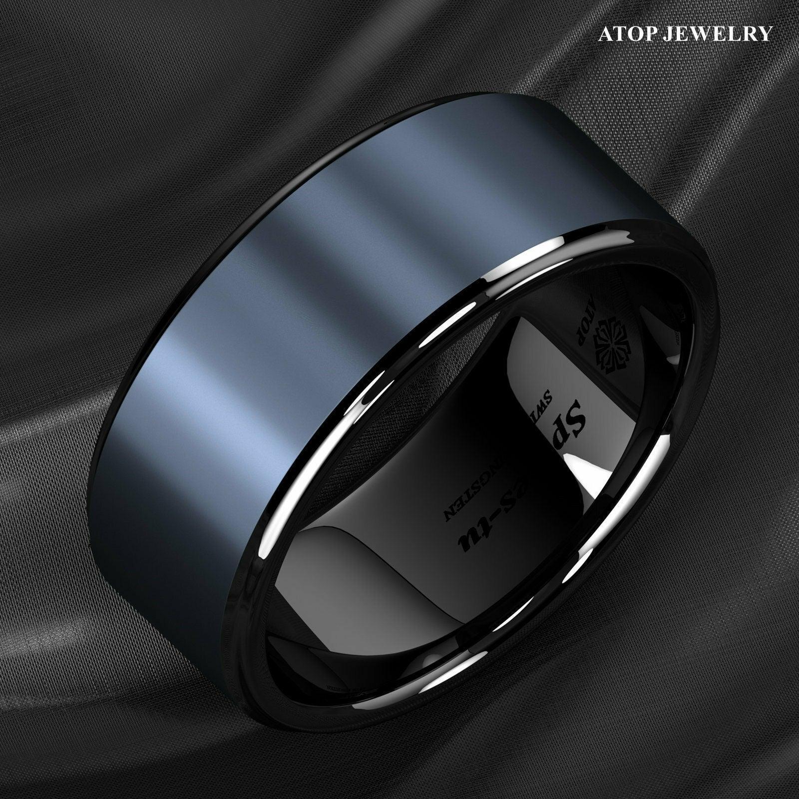 Tungsten Rings for Men Wedding Bands for Him Womens Wedding Bands for Her 6mm Black Navy Blue Brushed Center - Jewelry Store by Erik Rayo