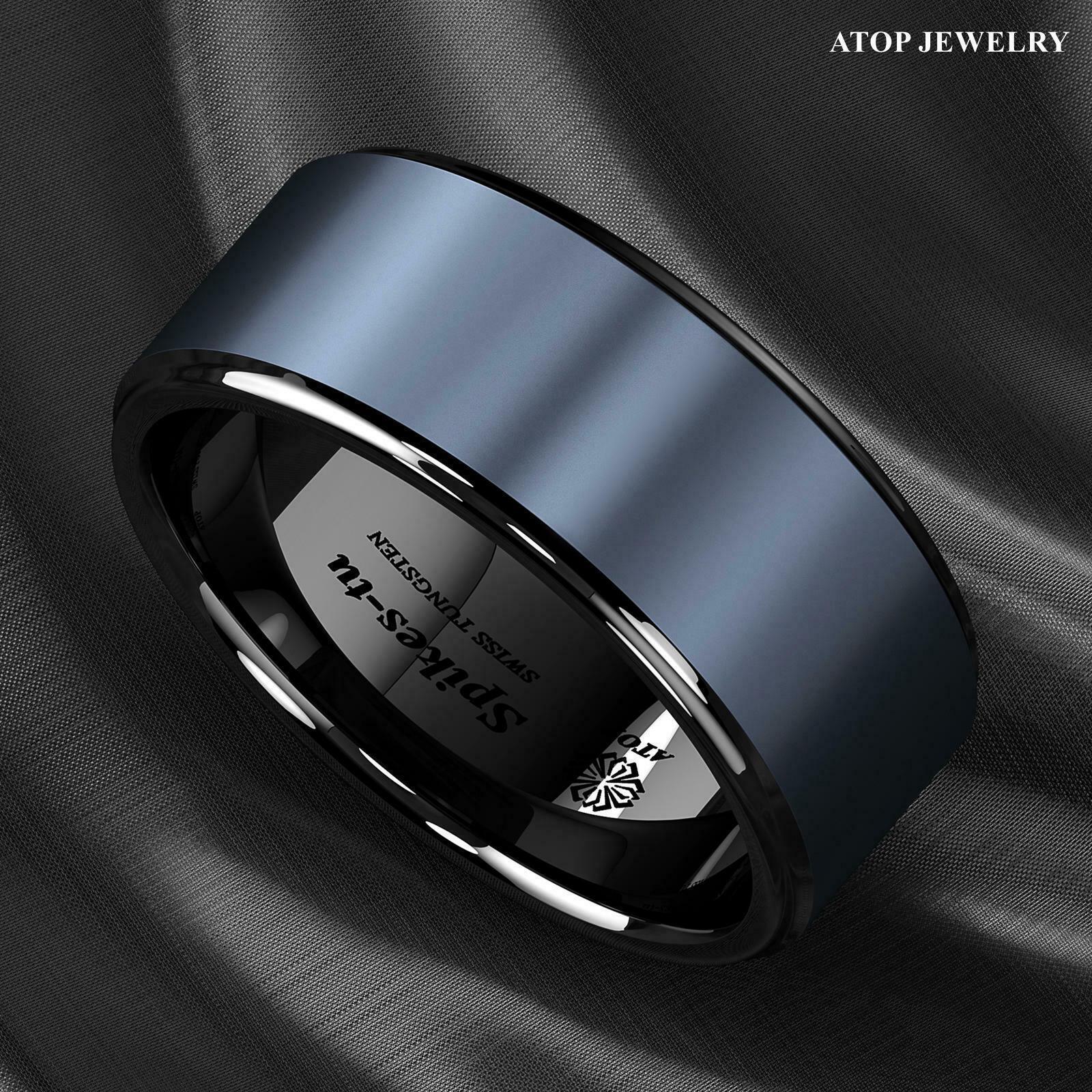 Tungsten Rings for Men Wedding Bands for Him Womens Wedding Bands for Her 6mm Black Navy Blue Brushed Center - Jewelry Store by Erik Rayo