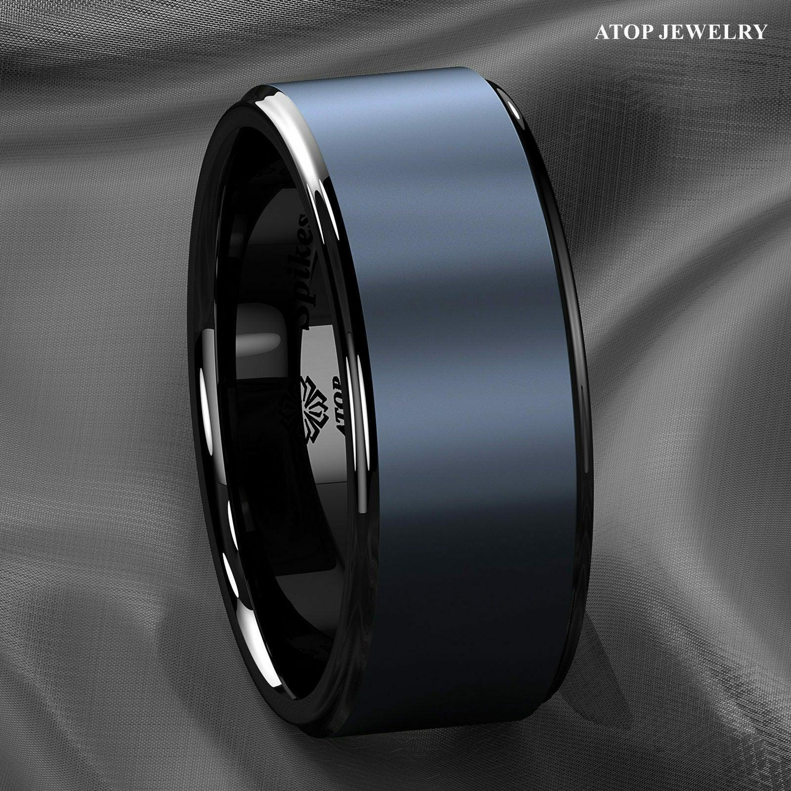 Tungsten Rings for Men Wedding Bands for Him Womens Wedding Bands for Her 6mm Black Navy Blue Brushed Center - Jewelry Store by Erik Rayo
