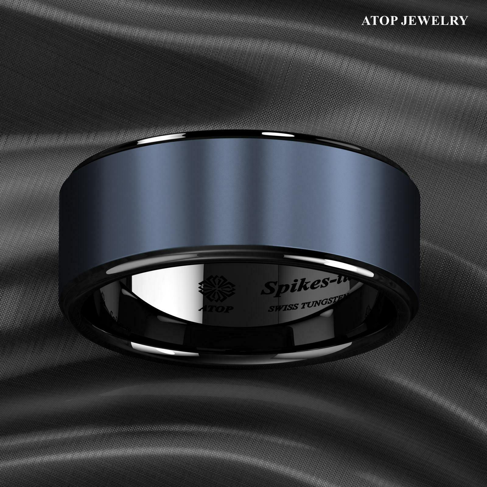 Tungsten Rings for Men Wedding Bands for Him Womens Wedding Bands for Her 6mm Black Navy Blue Brushed Center - Jewelry Store by Erik Rayo