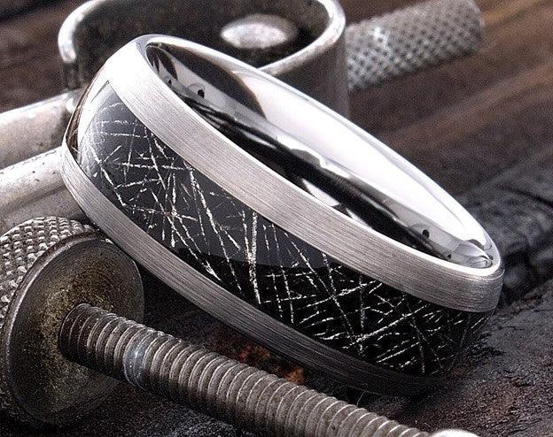 Tungsten Rings for Men Wedding Bands for Him Womens Wedding Bands for Her 6mm Black Silver Meteorite Inlay - Jewelry Store by Erik Rayo
