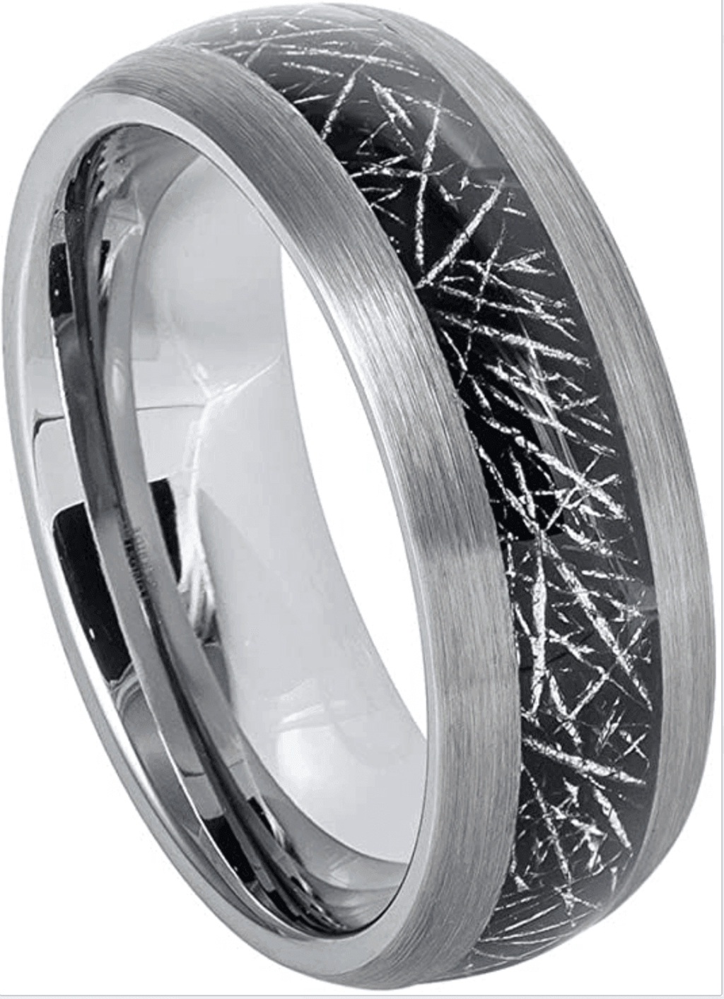 Tungsten Rings for Men Wedding Bands for Him Womens Wedding Bands for Her 6mm Black Silver Meteorite Inlay - Jewelry Store by Erik Rayo