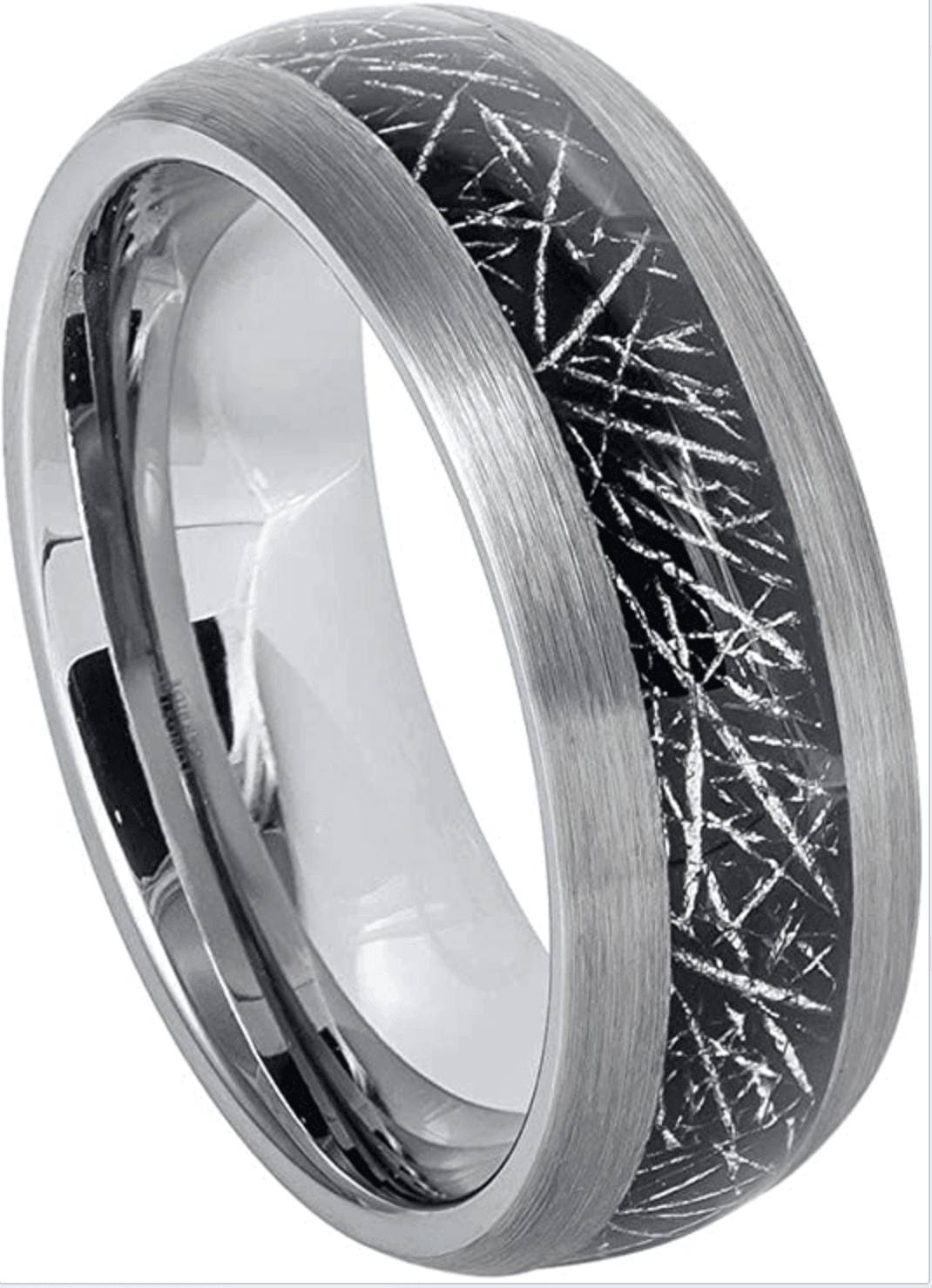 Tungsten Rings for Men Wedding Bands for Him Womens Wedding Bands for Her 6mm Black Silver Meteorite Inlay - Jewelry Store by Erik Rayo