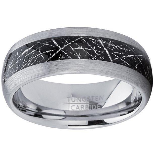 Tungsten Rings for Men Wedding Bands for Him Womens Wedding Bands for Her 6mm Black Silver Meteorite Inlay - Jewelry Store by Erik Rayo