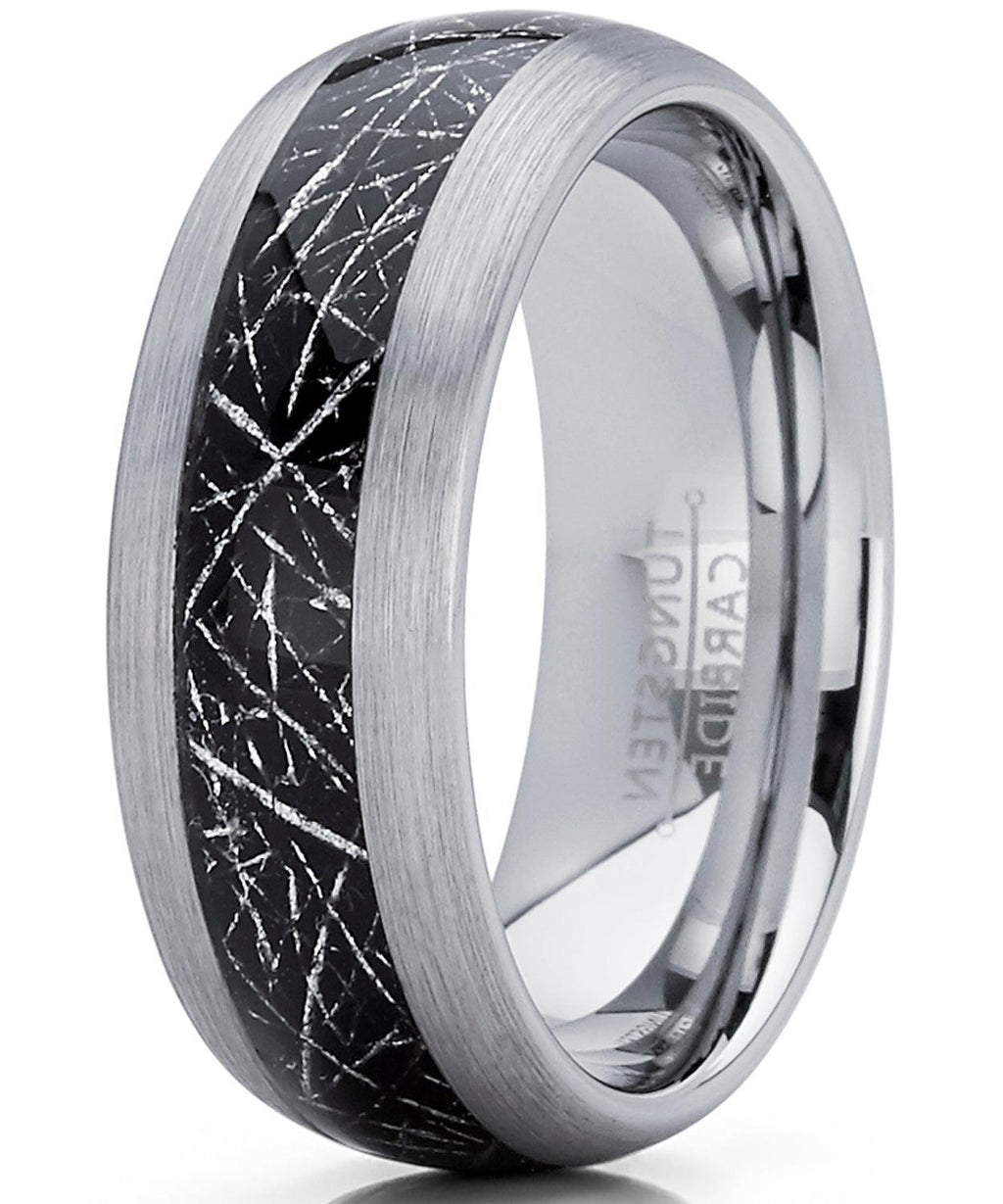 Tungsten Rings for Men Wedding Bands for Him Womens Wedding Bands for Her 6mm Black Silver Meteorite Inlay - Jewelry Store by Erik Rayo