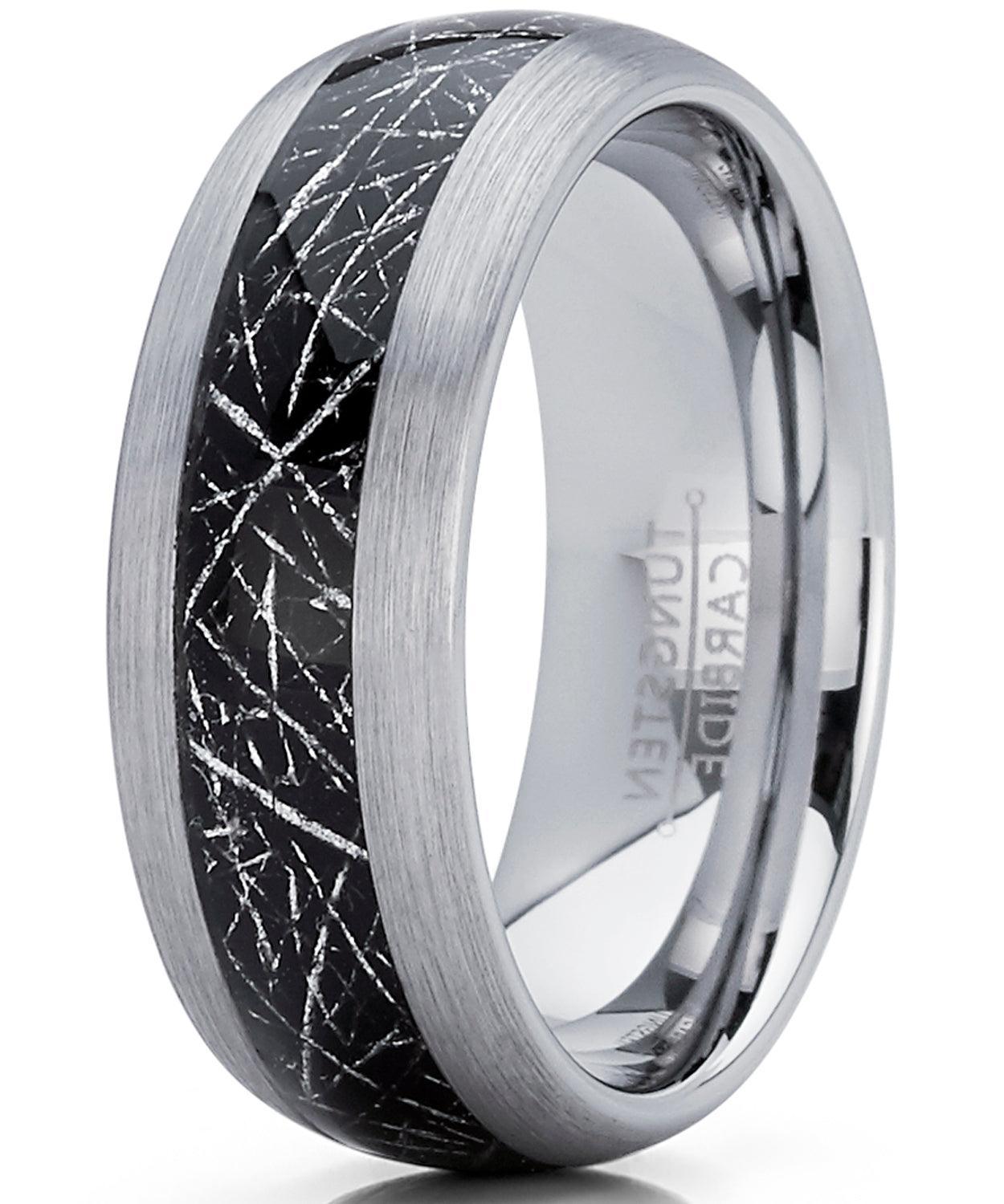 Tungsten Rings for Men Wedding Bands for Him Womens Wedding Bands for Her 6mm Black Silver Meteorite Inlay - Jewelry Store by Erik Rayo