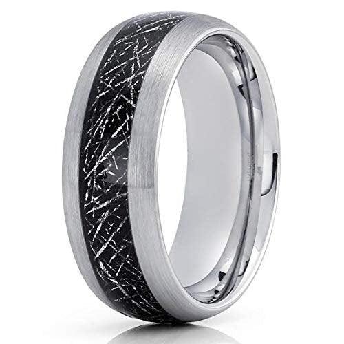 Tungsten Rings for Men Wedding Bands for Him Womens Wedding Bands for Her 6mm Black Silver Meteorite Inlay - Jewelry Store by Erik Rayo